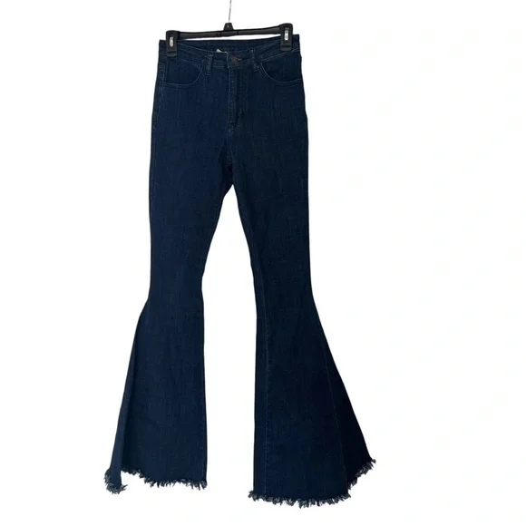 Altar’d State Bell Bottom Frayed Hem Dark Blue Jeans - Picture 2 of 4
